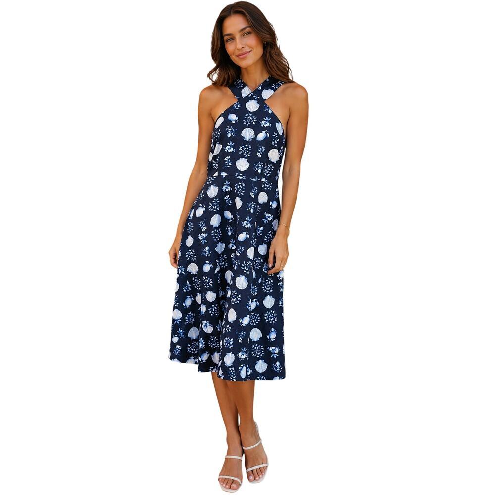 NWT ann taylor linen blend sea shells nautica beach summer dress high neck sz 0